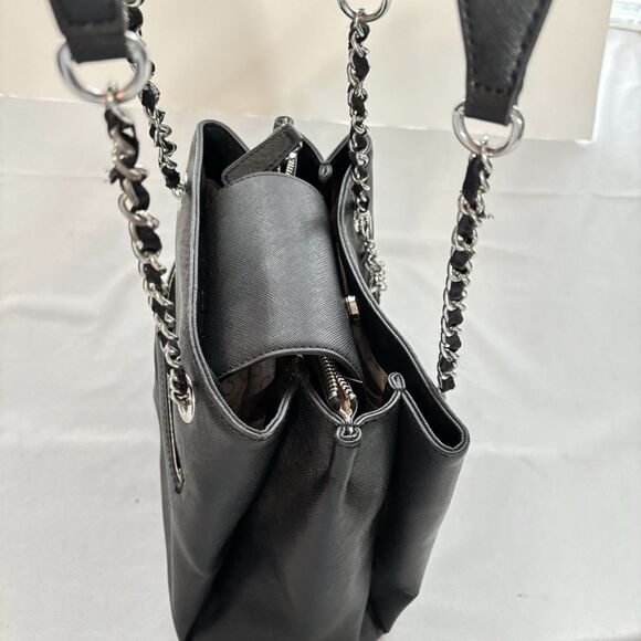 GUESS Black Double Handle Satchel Chain Straps Shoulder bag 3 Compartment Purse - Picture 6 of 11